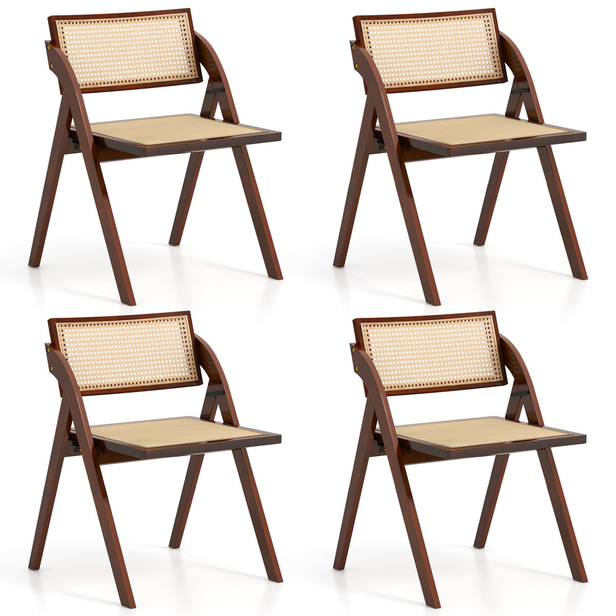 Set of 4 Foldable Dining Chairs with Woven Rattan Backrest