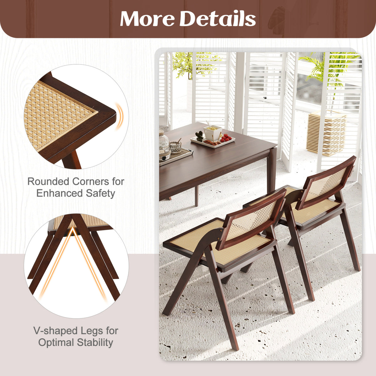 Set of 4 Foldable Dining Chairs with Woven Rattan Backrest