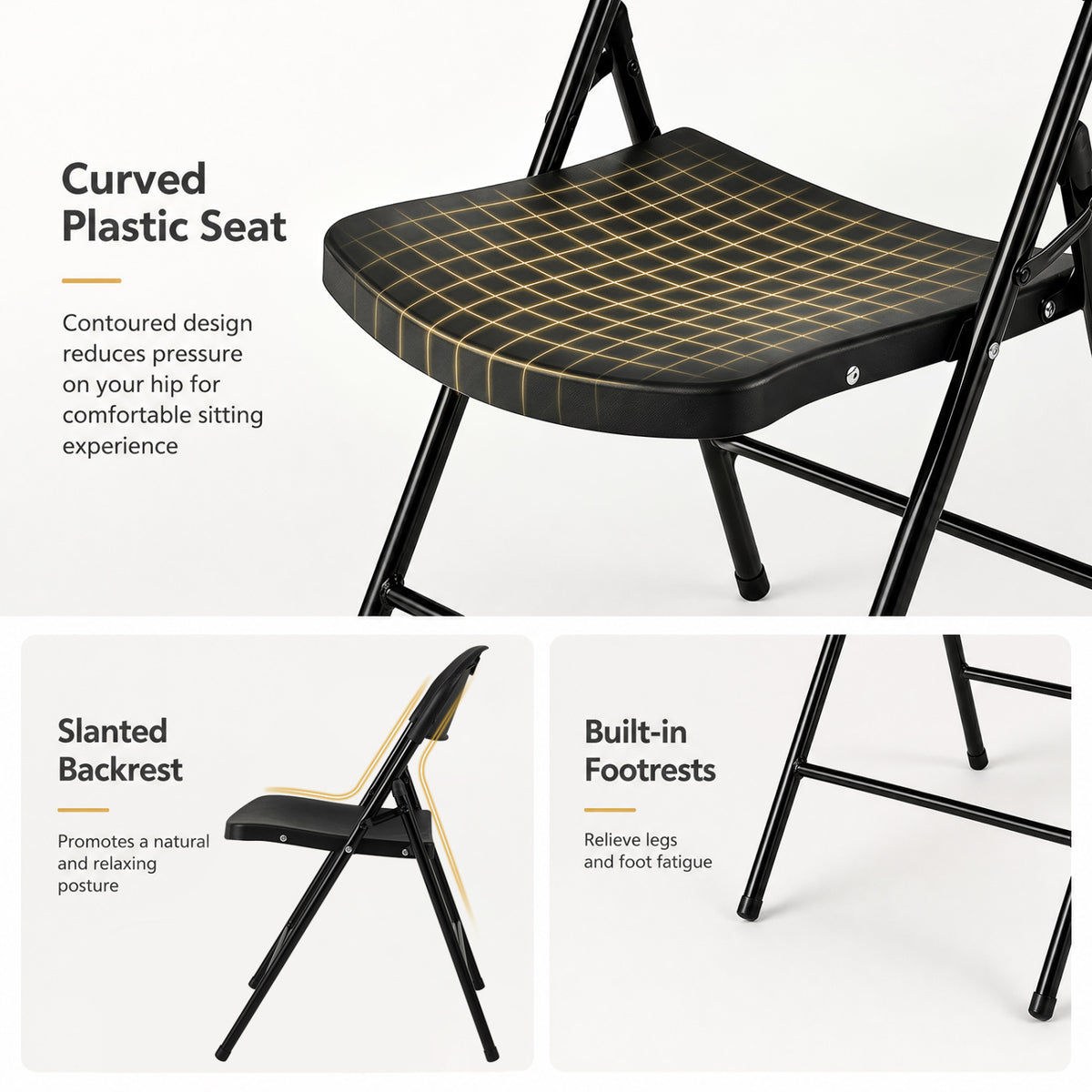 Set of 4 Foldable Plastic Chairs with Ergonomic Backrest