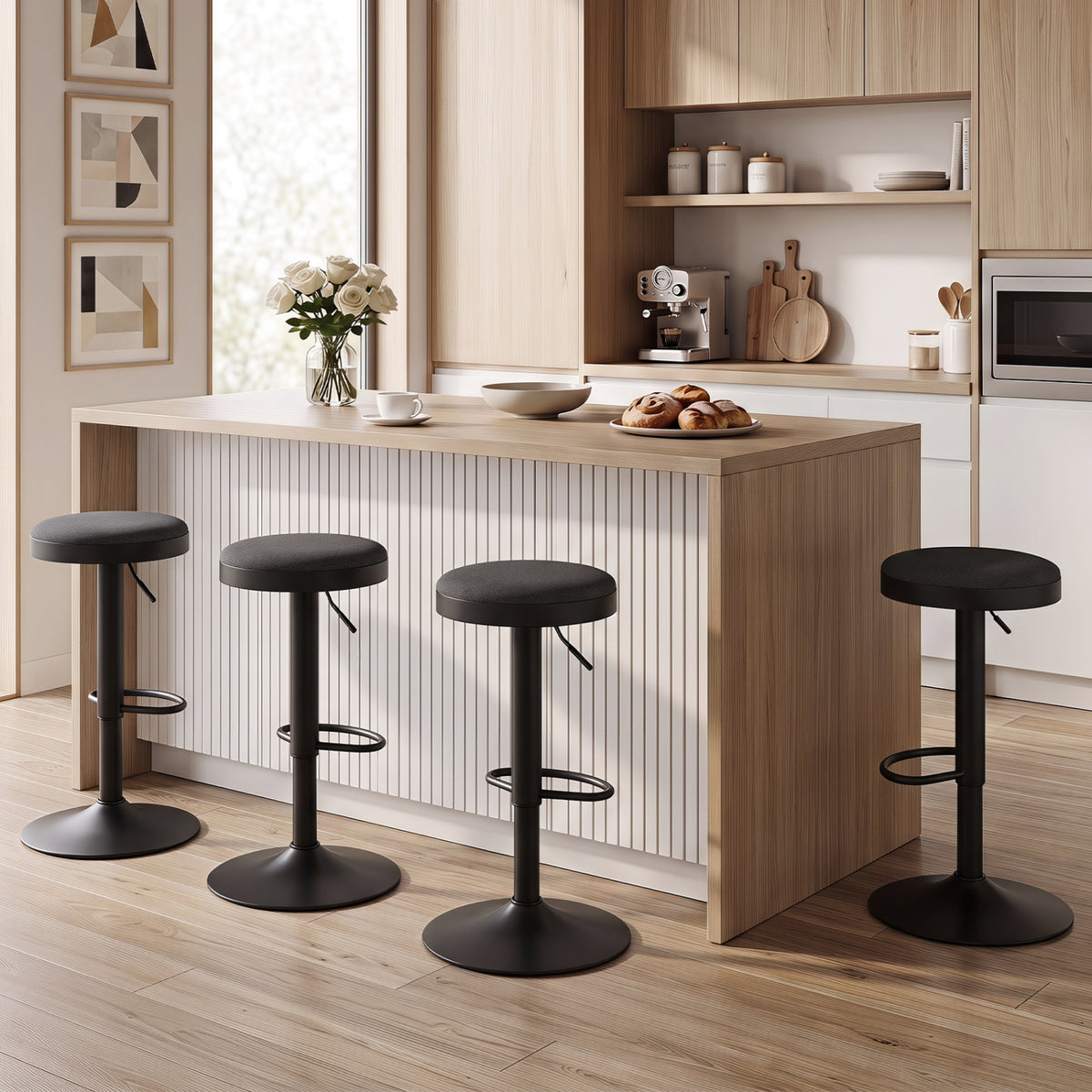 Set of 4 Kitchen Bar Stools with Height Adjustment Padded Seat and D-Shaped Footrest