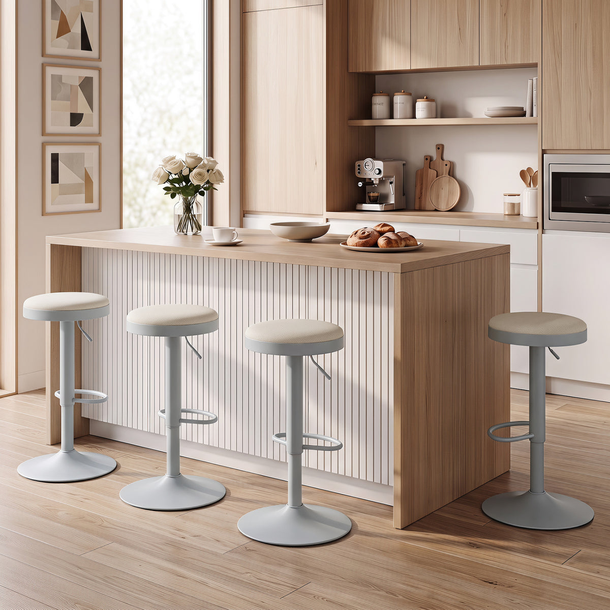 Set of 4 Kitchen Bar Stools with Height Adjustment Padded Seat and D-Shaped Footrest