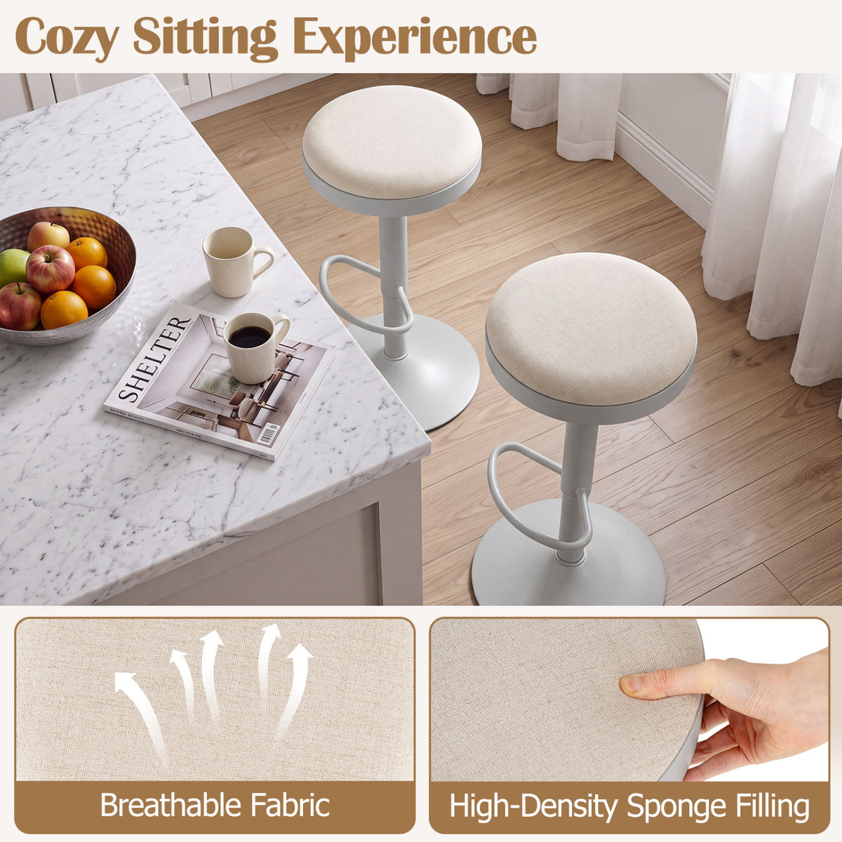 Set of 4 Kitchen Bar Stools with Height Adjustment Padded Seat and D-Shaped Footrest