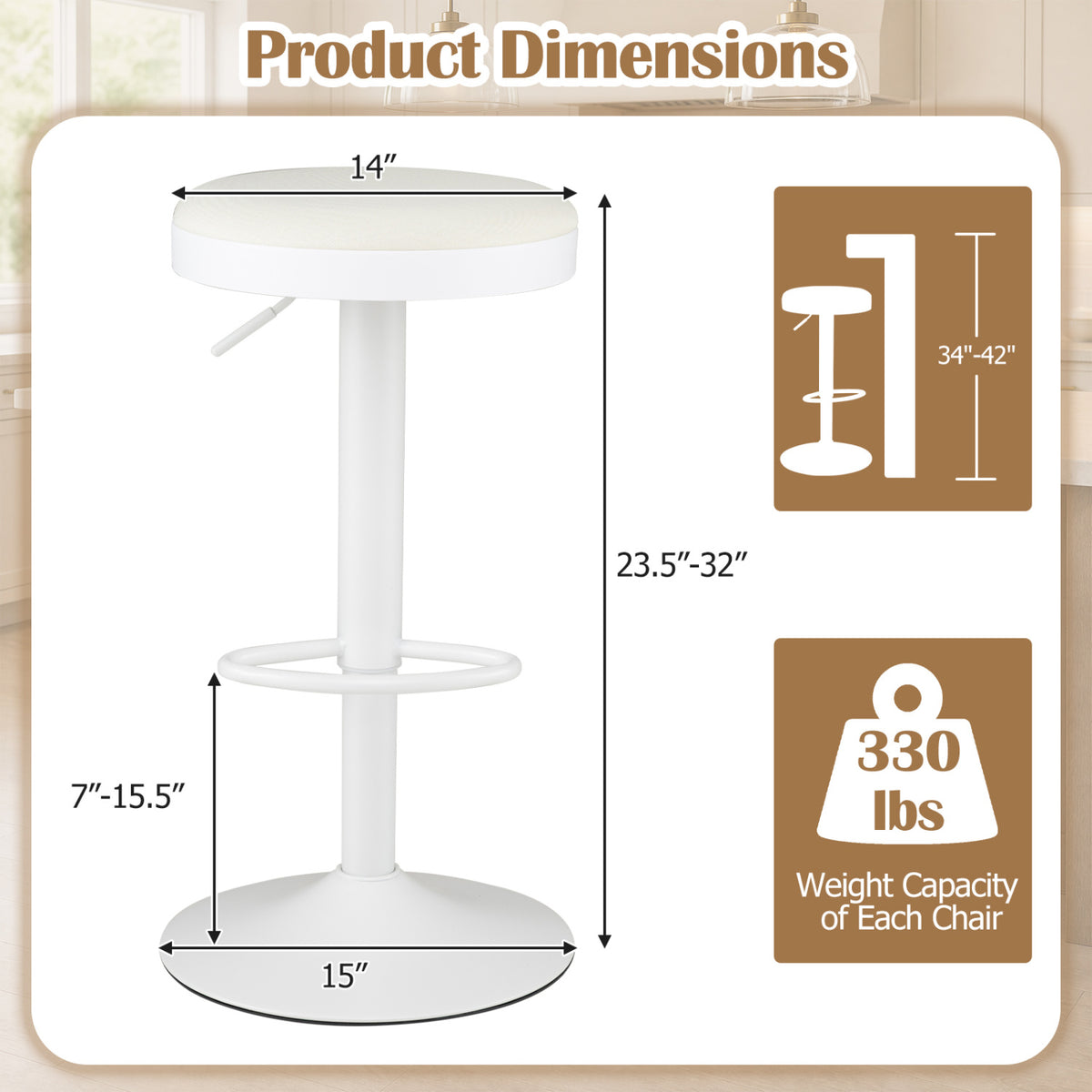 Set of 4 Kitchen Bar Stools with Height Adjustment Padded Seat and D-Shaped Footrest