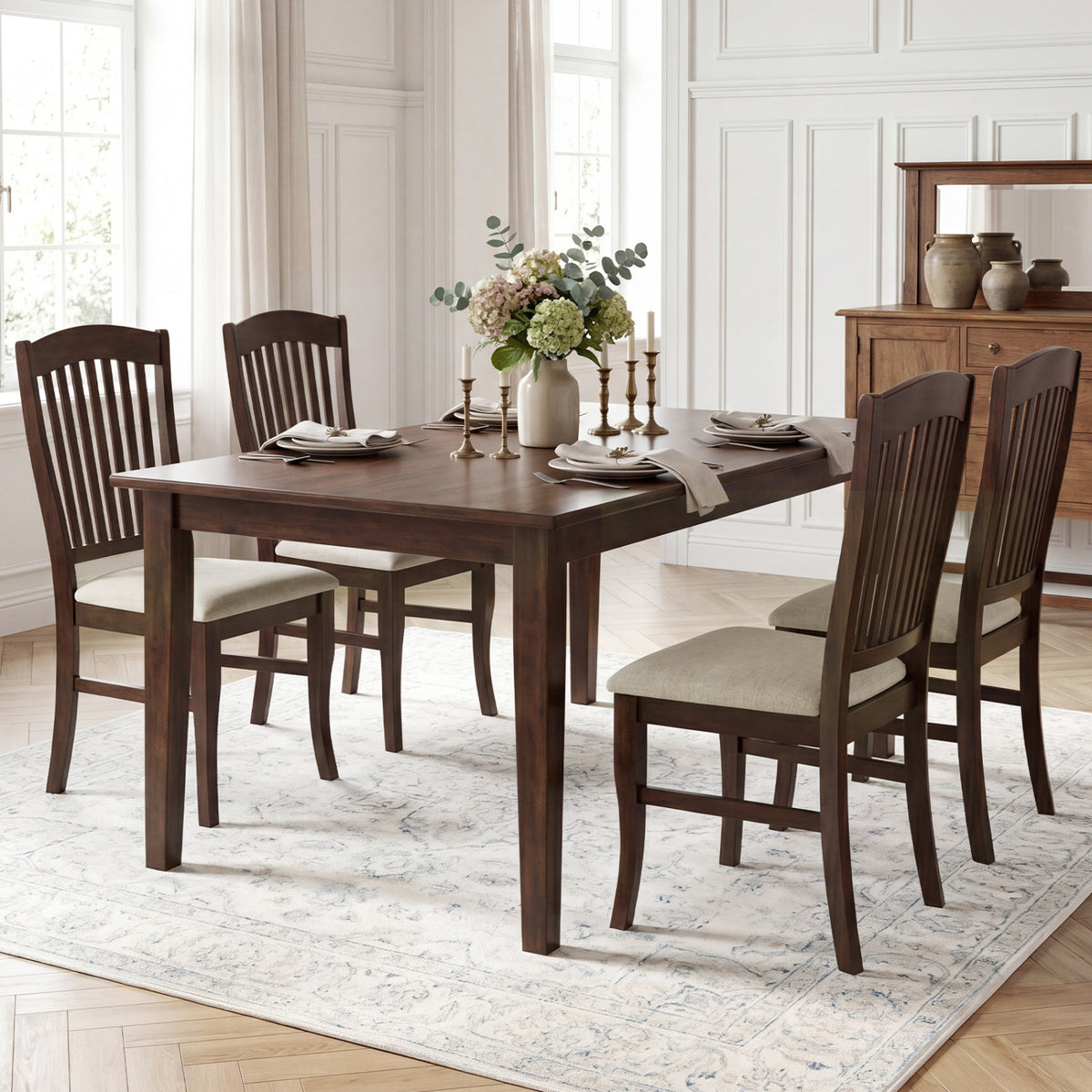 Set of 4 Kitchen Side Chairs with Rubber Wood Frame and Comfy Padded Seat-Brown & White