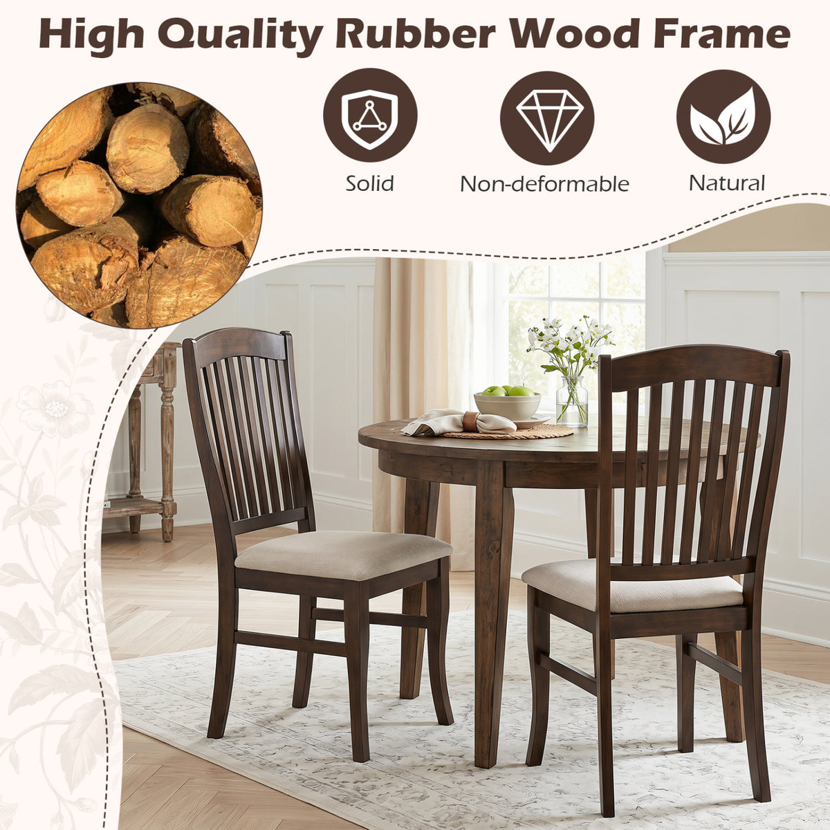 Set of 4 Kitchen Side Chairs with Rubber Wood Frame and Comfy Padded Seat-Brown & White