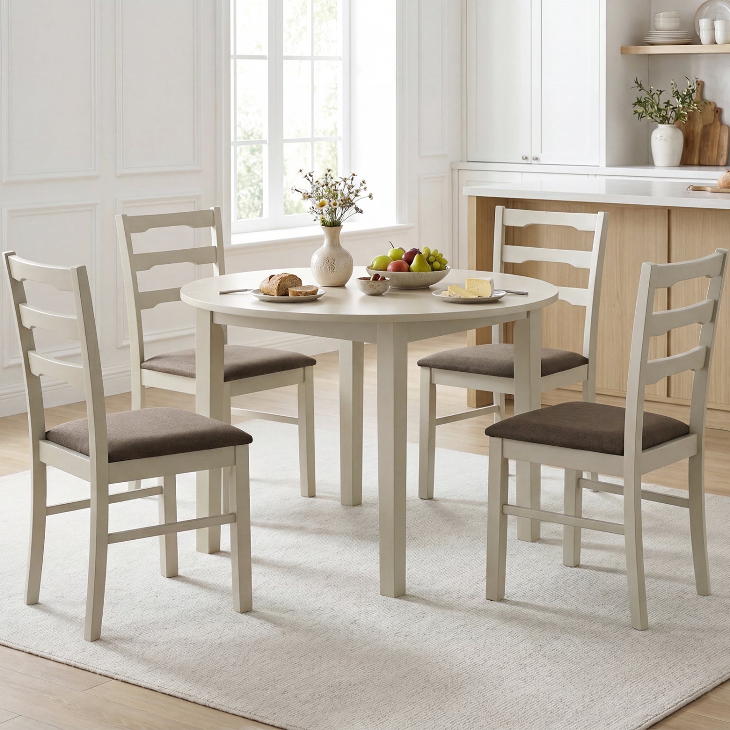 Set of 4 Linen Style Upholstered Dining Chairs with Wood Frames-White
