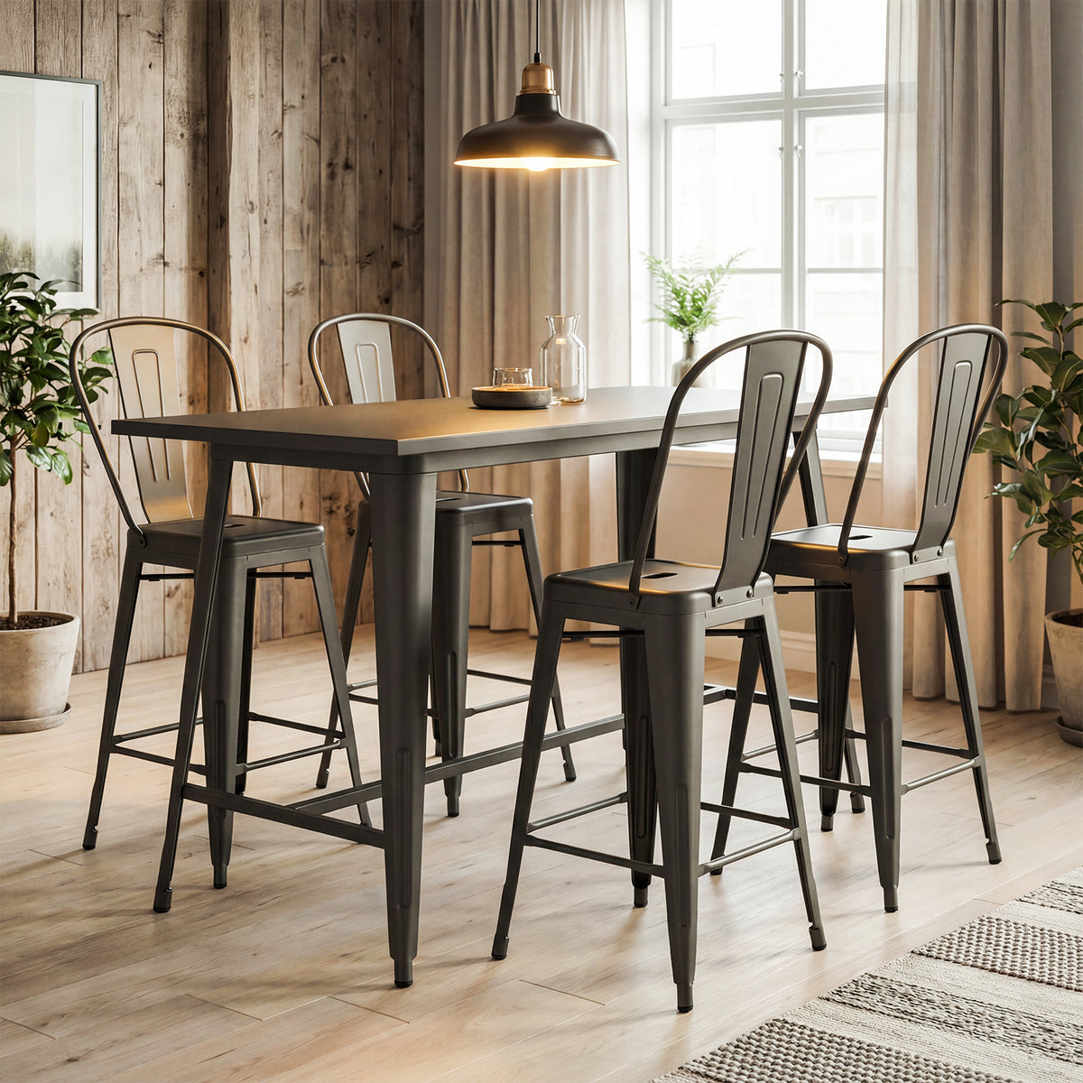 Set of 4 Metal Bar Stools with Backrests and Footrests
