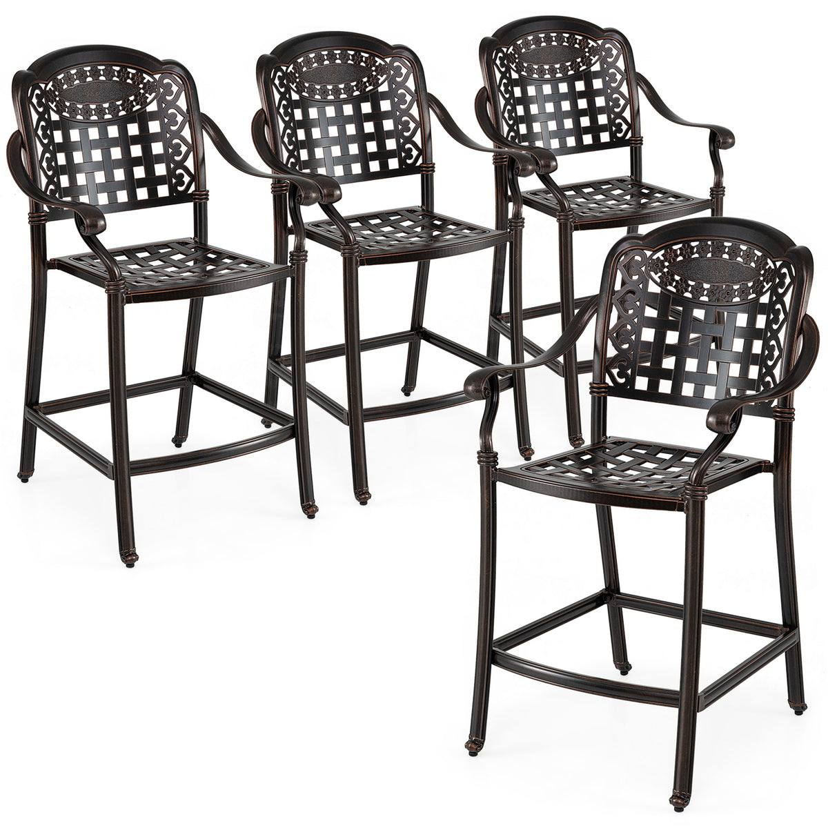 Set of 4 Outdoor Bar Stool 25.5 Inch Counter Height Cast Aluminum Bar Chairs-Copper