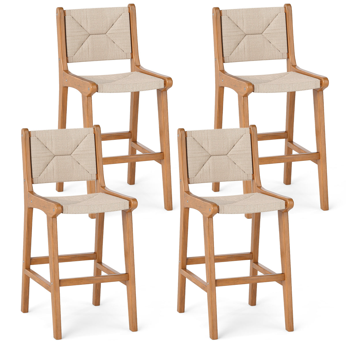 Set of 4 Outdoor Counter Height Bar Stool Woven Paper Rope Patio Barstool with Teak Wood Frame