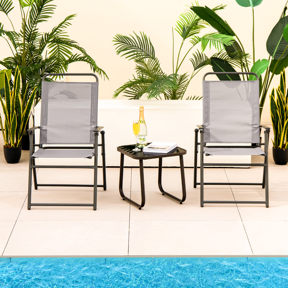Outdoor Folding Sling Chairs Set of 4 with Armrest and Backrest