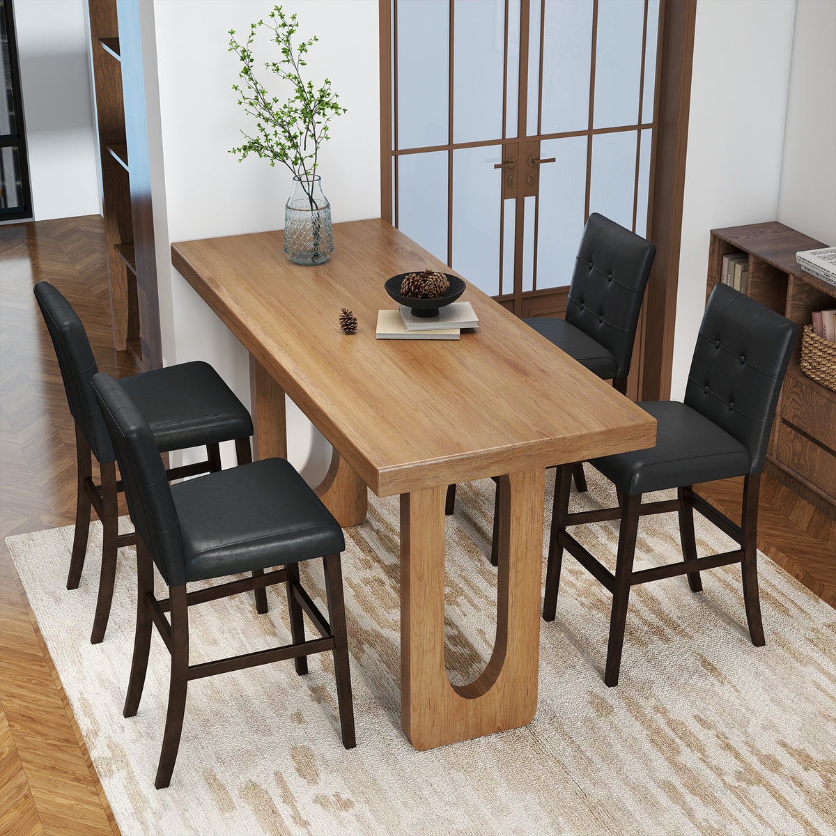 Set of 4 PVC Dining Leather Bar Stools with Solid Wood Legs-29/Legs-24 inch/icnh