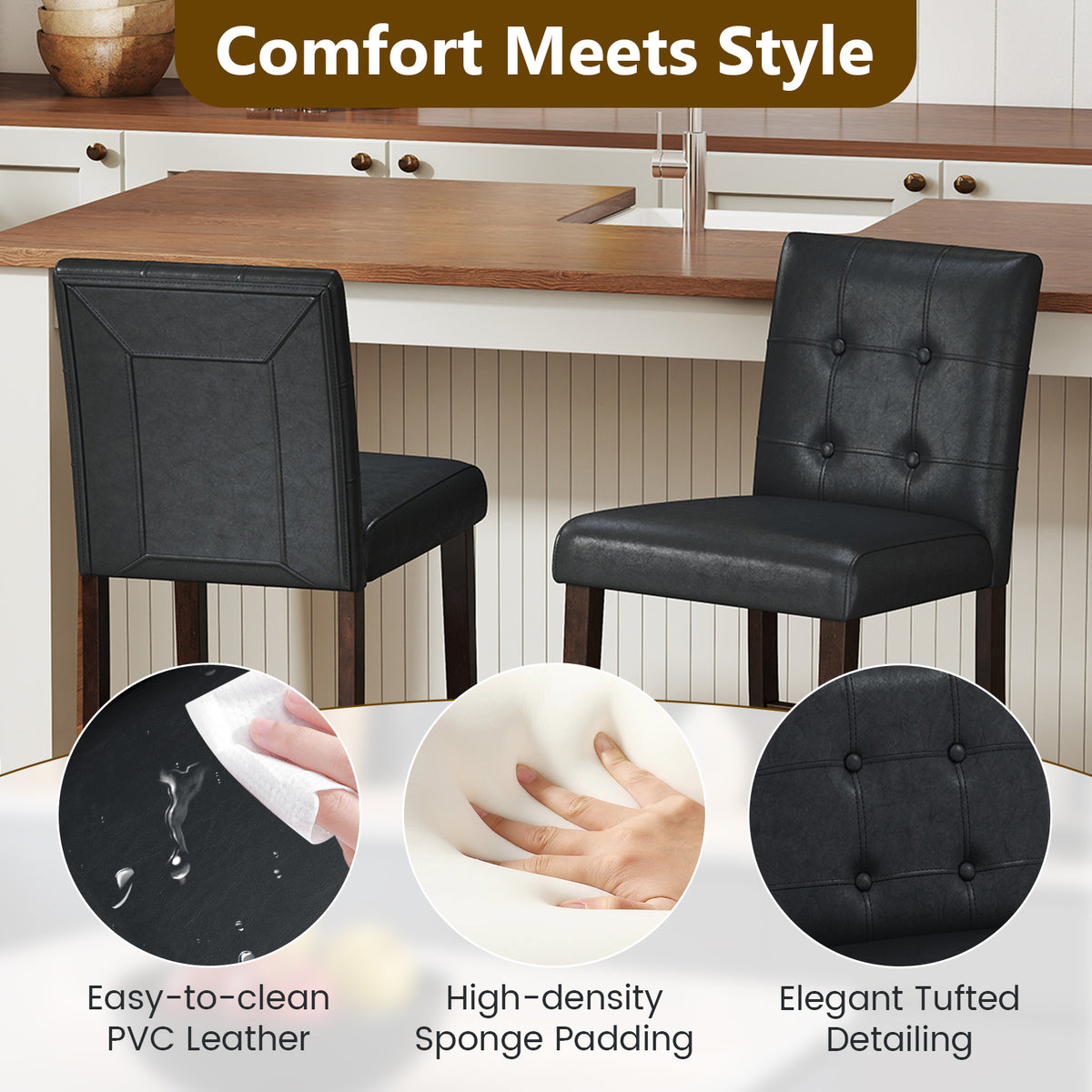 Set of 4 PVC Dining Leather Bar Stools with Solid Wood Legs-29/Legs-24 inch/icnh