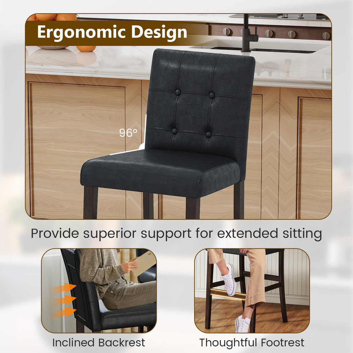 Set of 4 PVC Dining Leather Bar Stools with Solid Wood Legs-29/Legs-24 inch/icnh