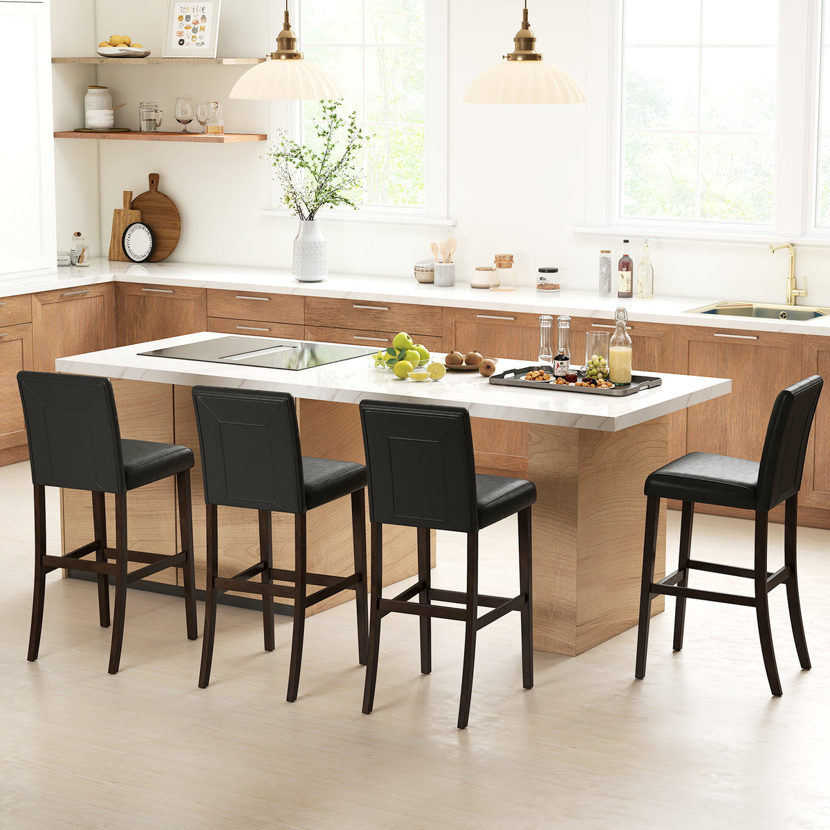 Set of 4 PVC Dining Leather Bar Stools with Solid Wood Legs-29/Legs-24 inch/icnh