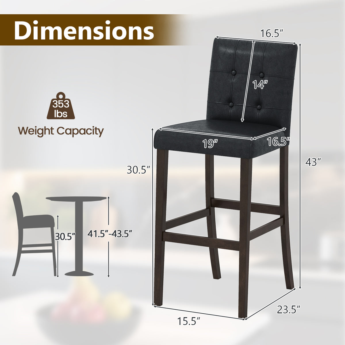 Set of 4 PVC Dining Leather Bar Stools with Solid Wood Legs-29/Legs-24 inch/icnh