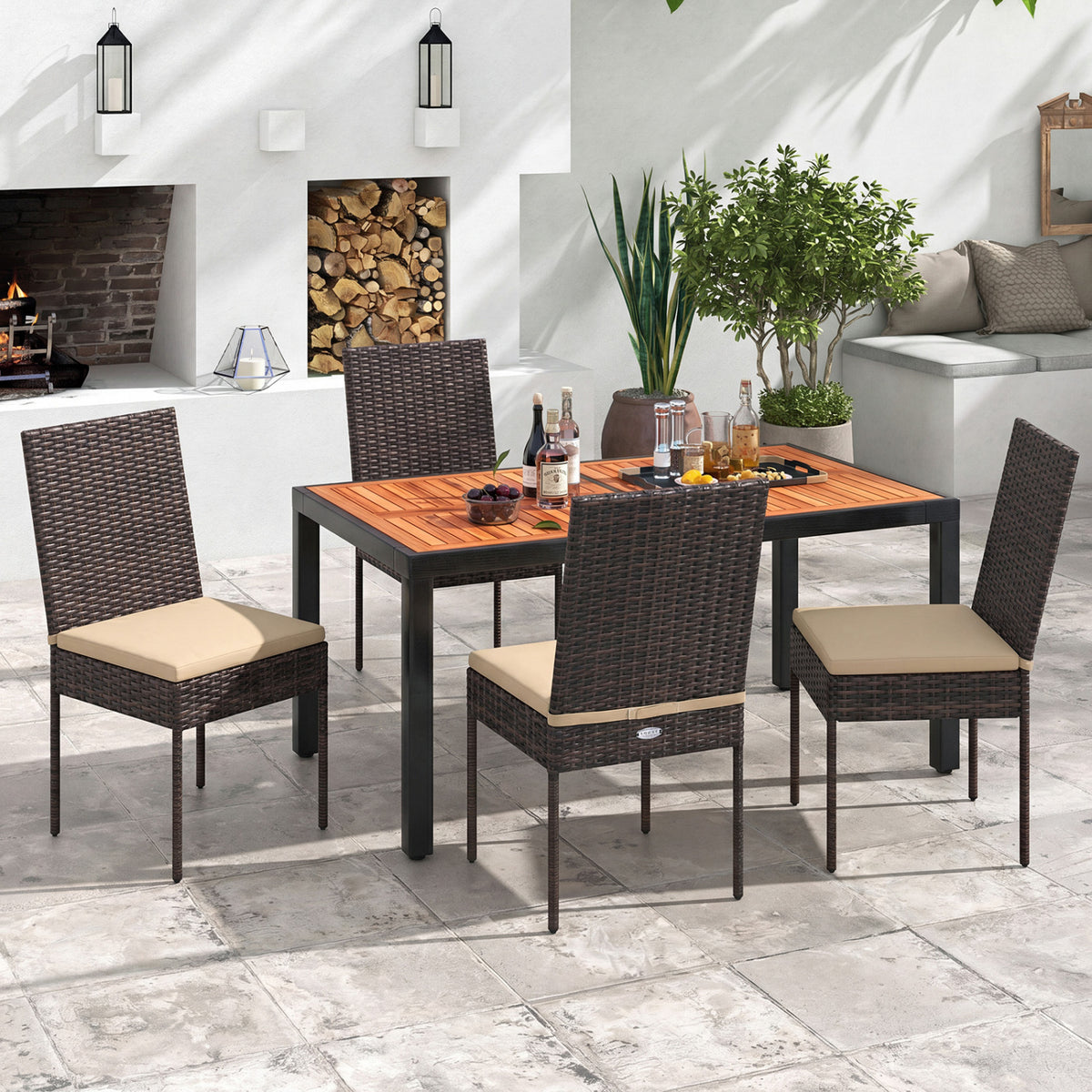 Set of 4 Patio Rattan Wicker Dining Chairs Set with Soft Cushions