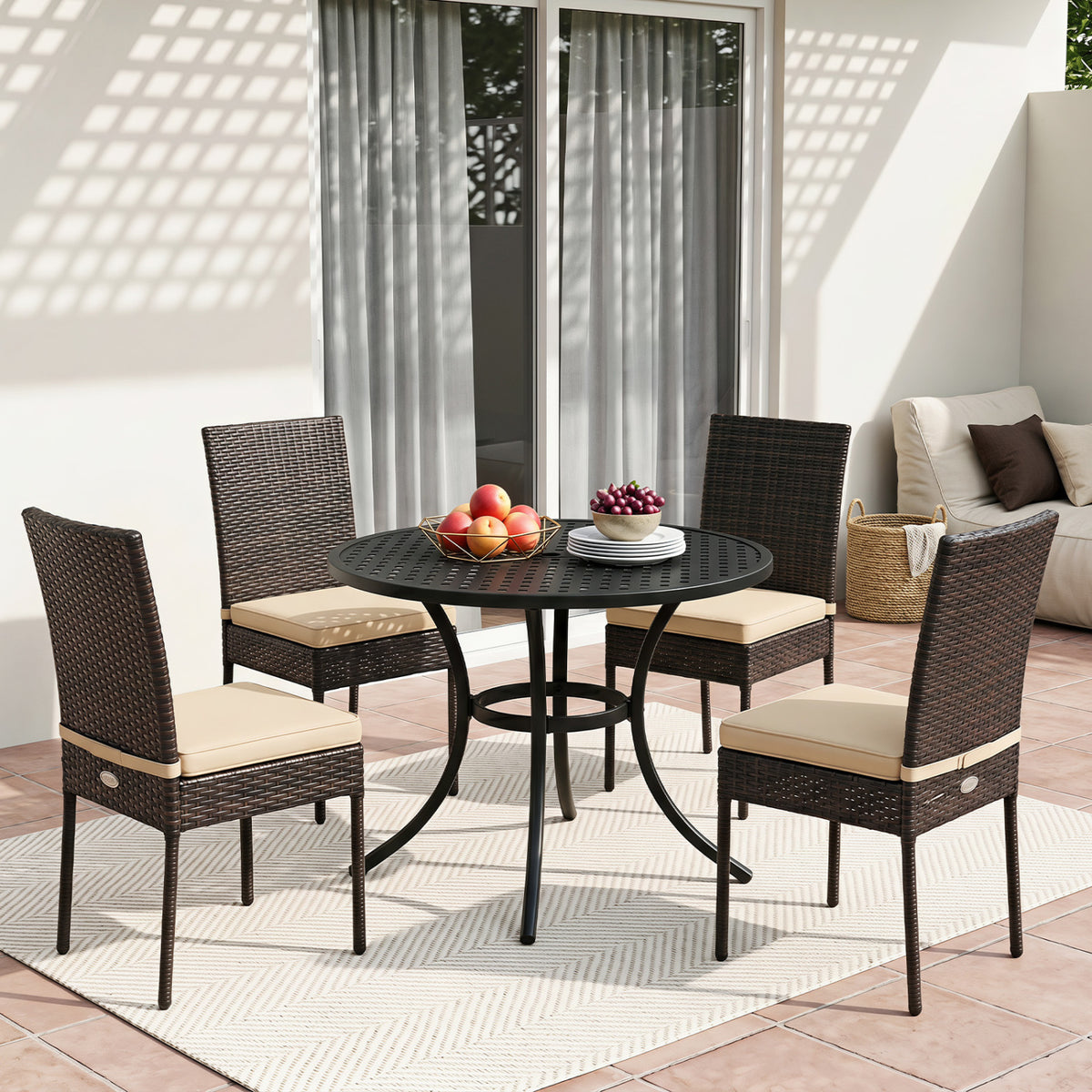 Set of 4 Patio Rattan Wicker Dining Chairs Set with Soft Cushions