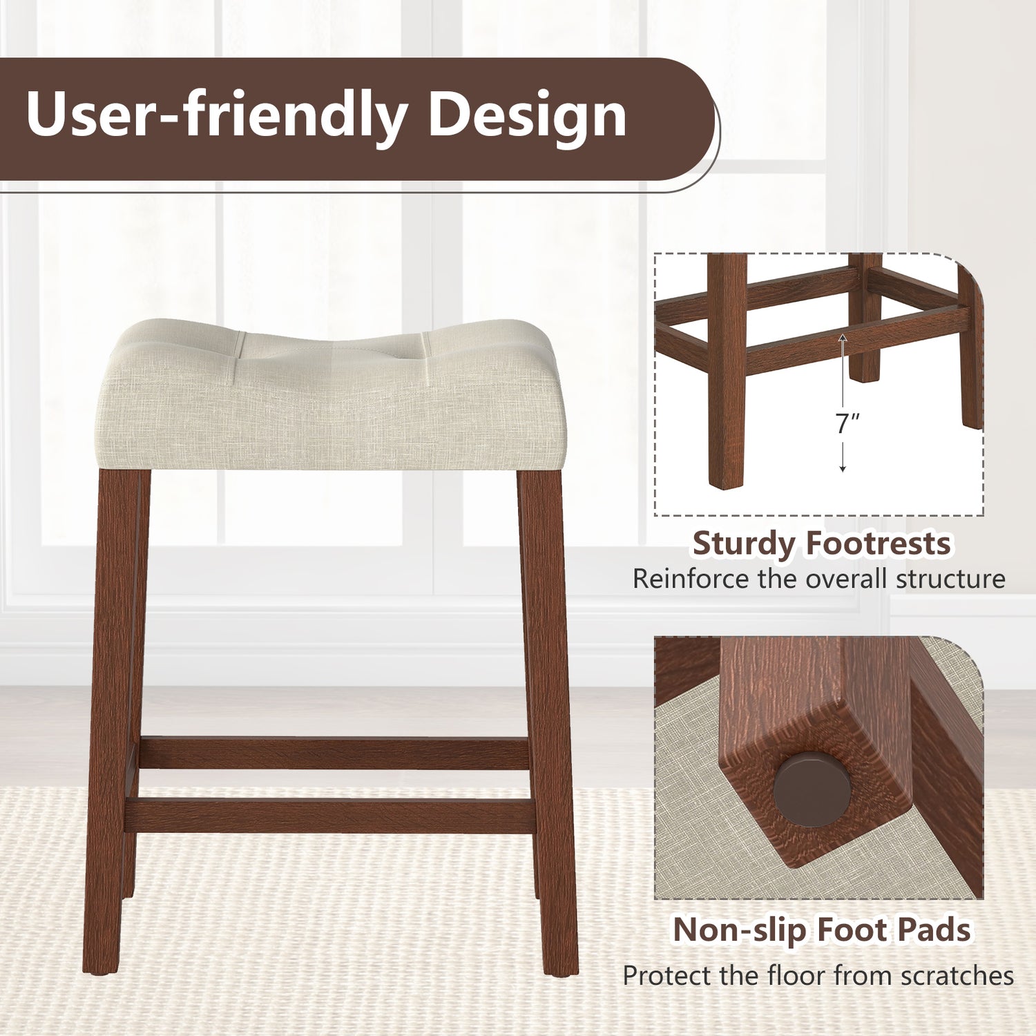 Set of 4 Upholstered Counter Height Bar Stool with Curved Saddle-Seat