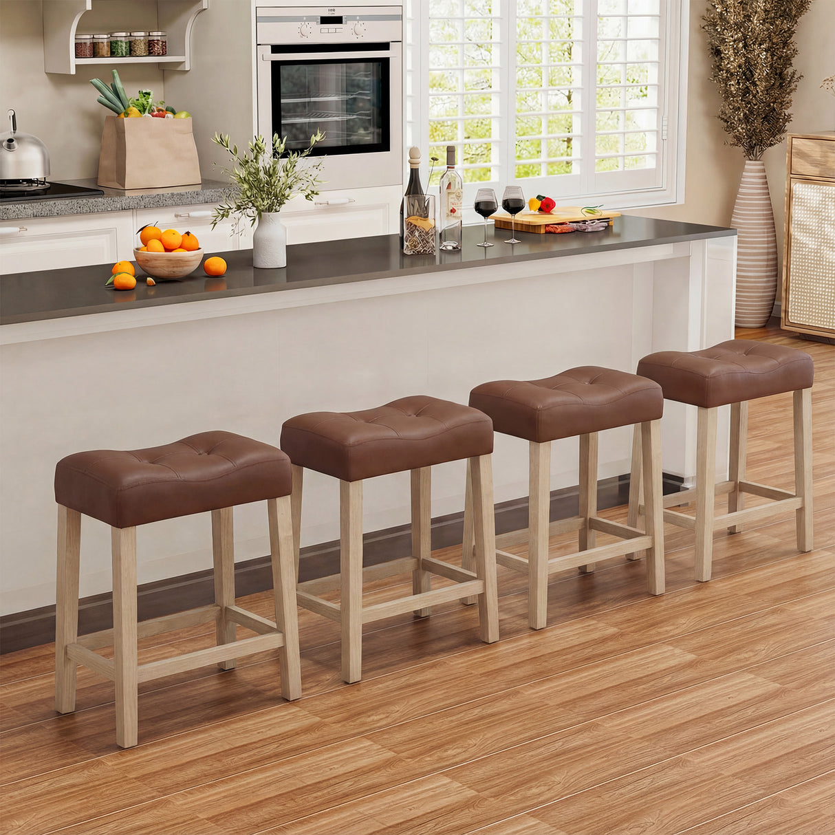 Set of 4 Upholstered Counter Height Bar Stool with Curved Saddle-Seat