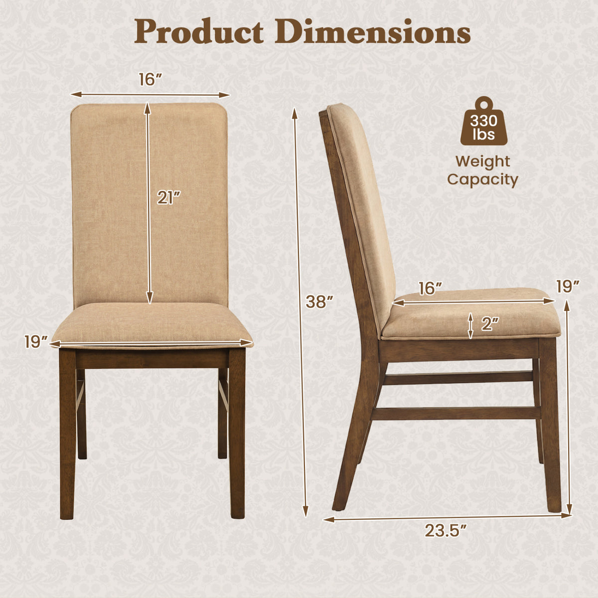 Set of 4 Upholstered Dining Chairs with Solid Rubber Wood Legs-Brown