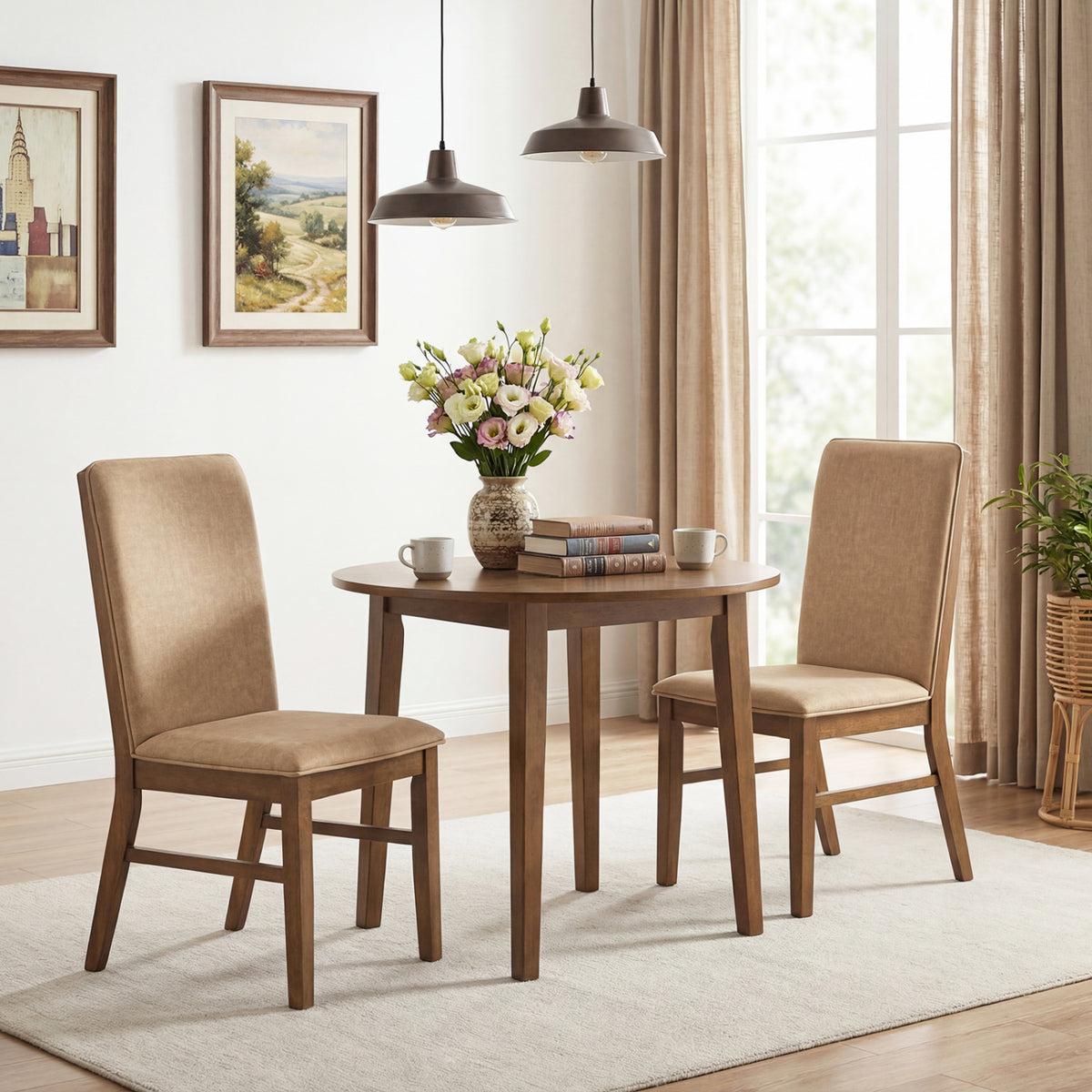 Set of 4 Upholstered Dining Chairs with Solid Rubber Wood Legs-Brown