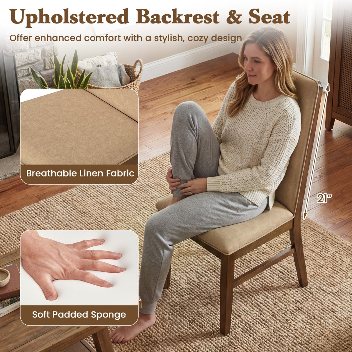 Set of 4 Upholstered Dining Chairs with Solid Rubber Wood Legs-Brown