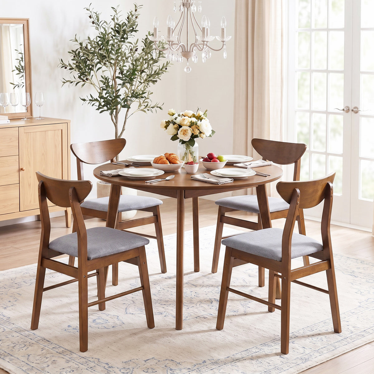 Set of 4 Upholstered Dining Chairs with Curved Backrest and Rubber Wood Frame