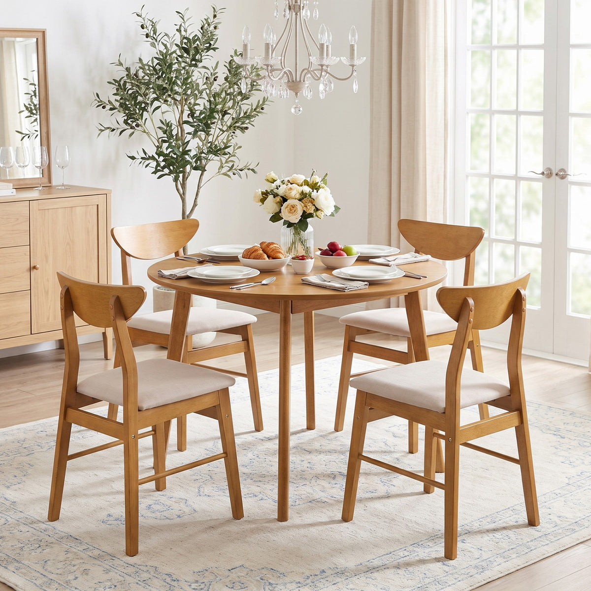 Set of 4 Upholstered Dining Chairs with Curved Backrest and Rubber Wood Frame