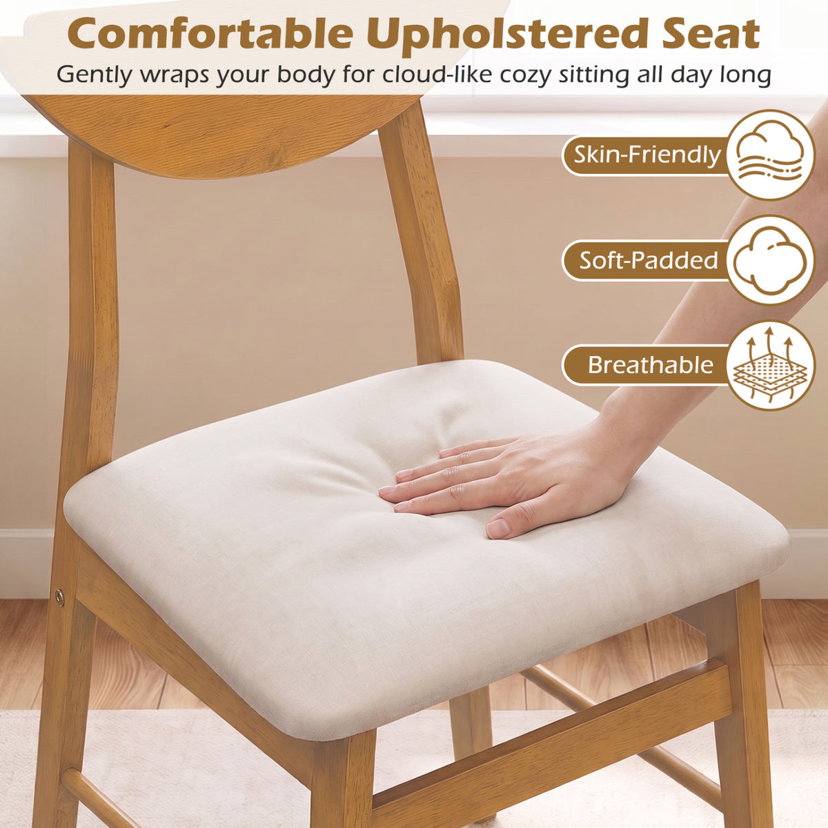 Set of 4 Upholstered Dining Chairs with Curved Backrest and Rubber Wood Frame