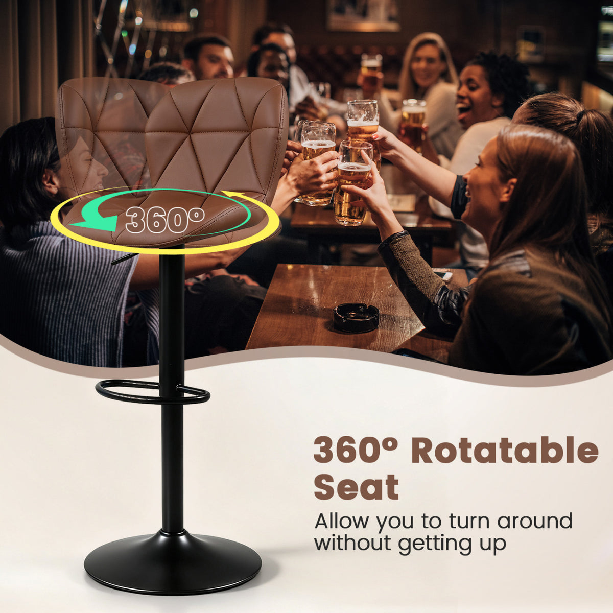 Set of 4 Upholstered Swivel Bar Stools with Adjustable Height and Curved Backs