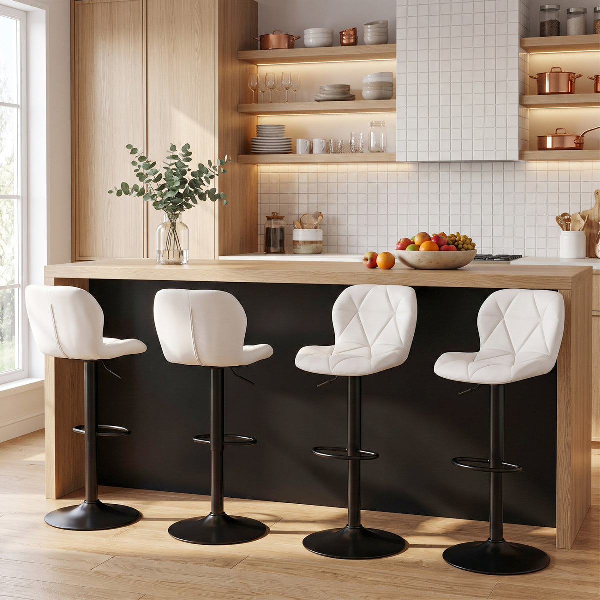 Set of 4 Upholstered Swivel Bar Stools with Adjustable Height and Curved Backs