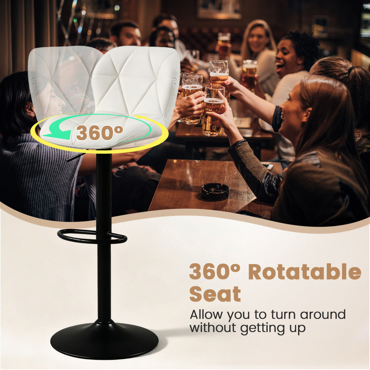 Set of 4 Upholstered Swivel Bar Stools with Adjustable Height and Curved Backs