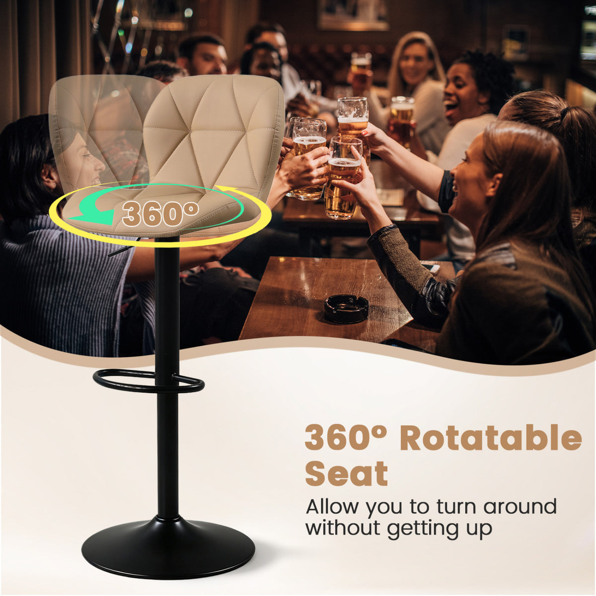 Set of 4 Upholstered Swivel Bar Stools with Adjustable Height and Curved Backs