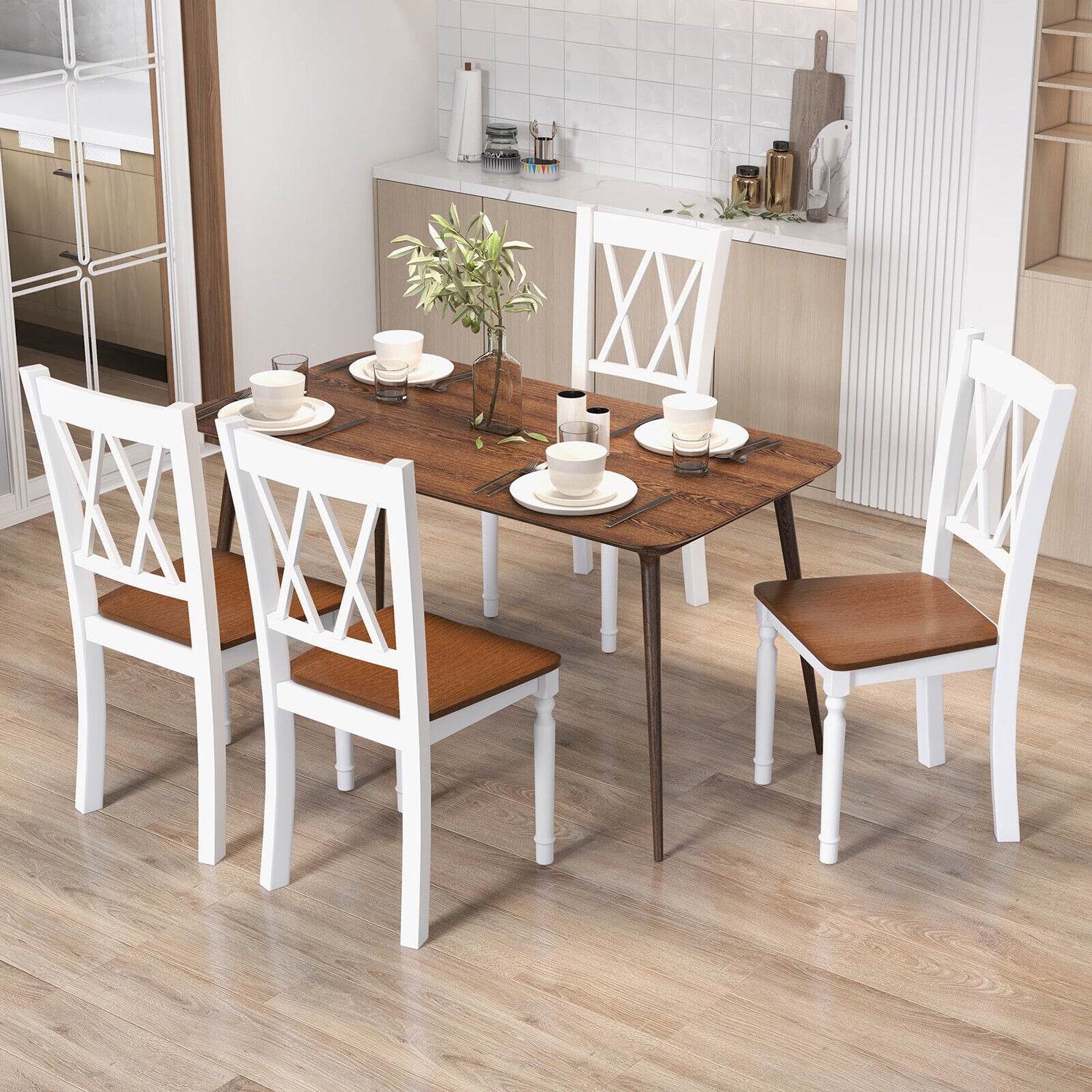 Set of 4 Wooden Farmhouse Kitchen Chairs with Rubber Wood Seat