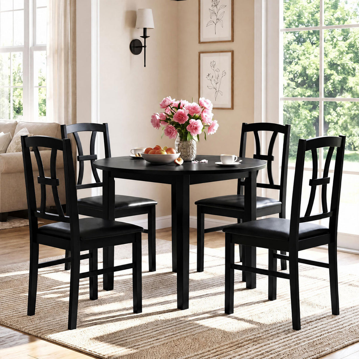 Set of 4 Wooden Dining Chairs with Faux Leather Padded Seat for Kitchen