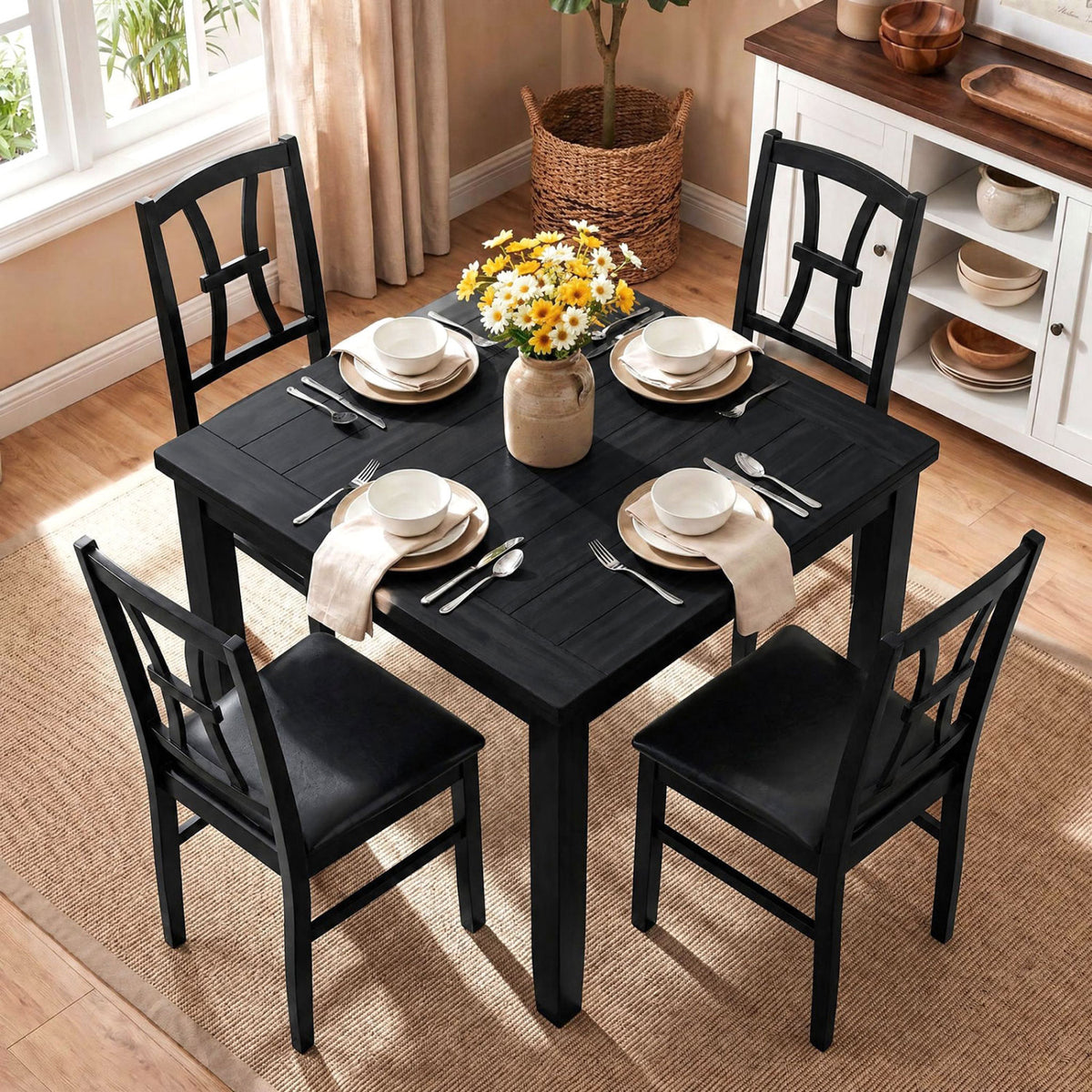 Set of 4 Wooden Dining Chairs with Faux Leather Padded Seat for Kitchen