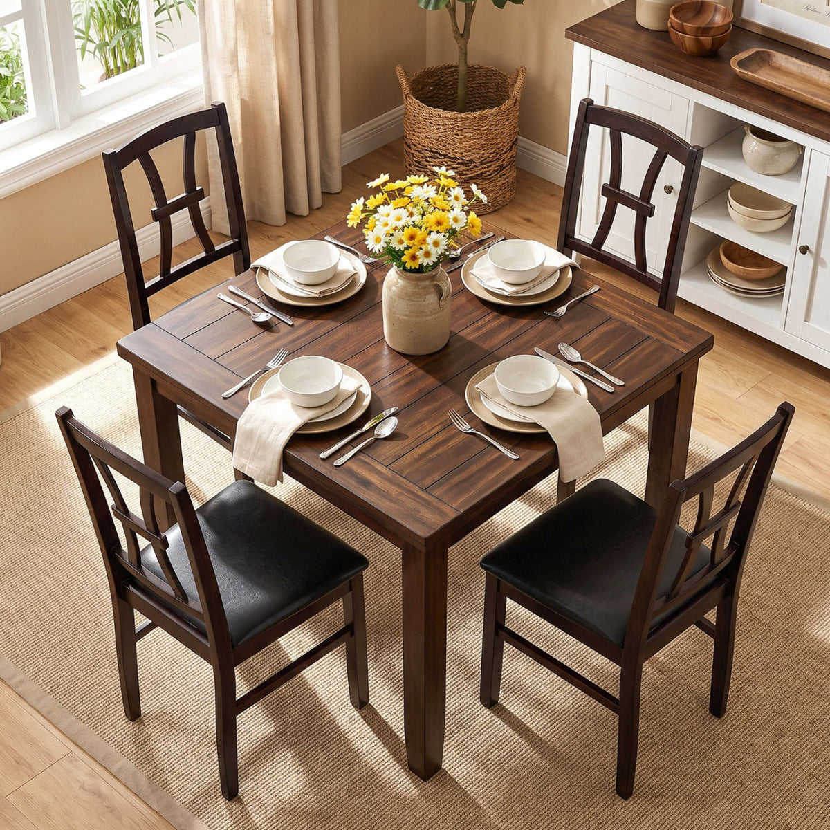 Set of 4 Wooden Dining Chairs with Faux Leather Padded Seat for Kitchen