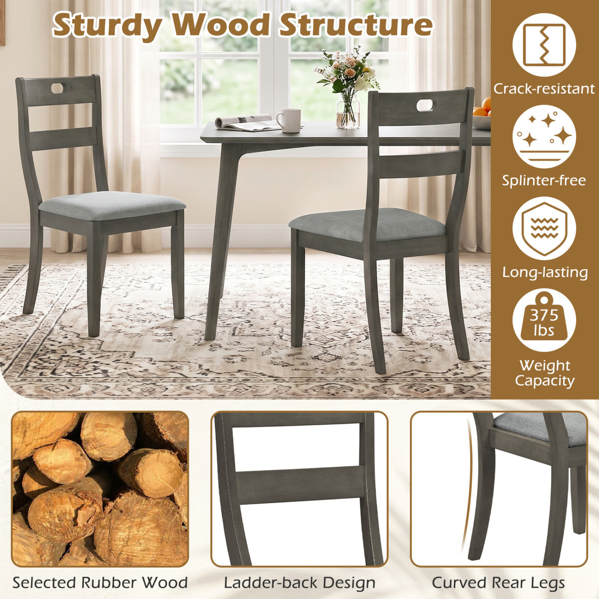 Set of 4 Wooden Dining Chairs with Padded Seats and Rubber Wood Frame