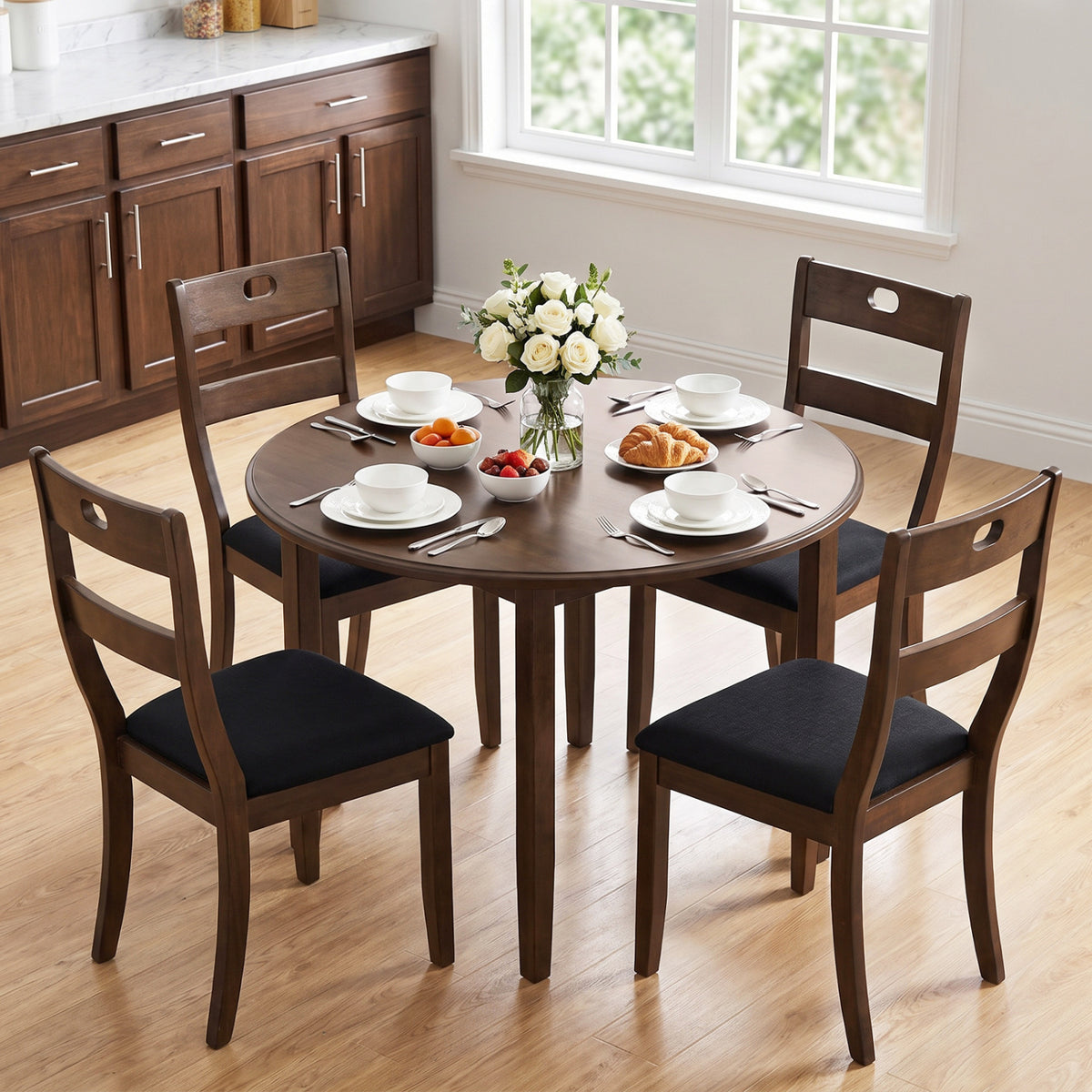 Set of 4 Wooden Dining Chairs with Padded Seats and Rubber Wood Frame
