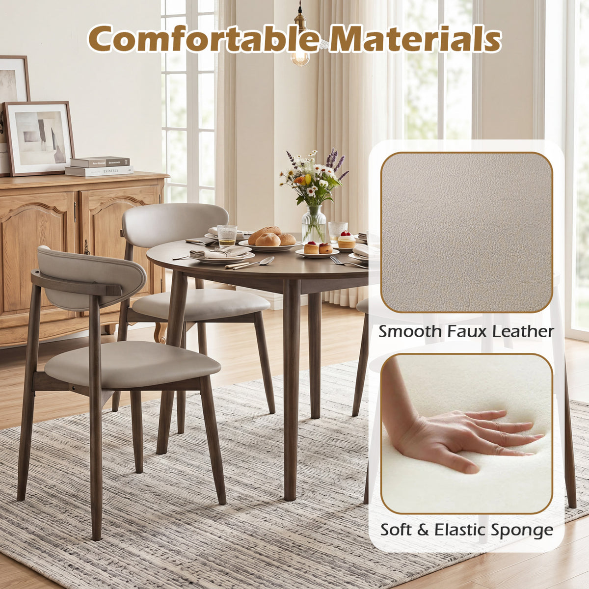 Set of 4 Wooden Modern Upholstered Dining Chairs with Curved Backrest