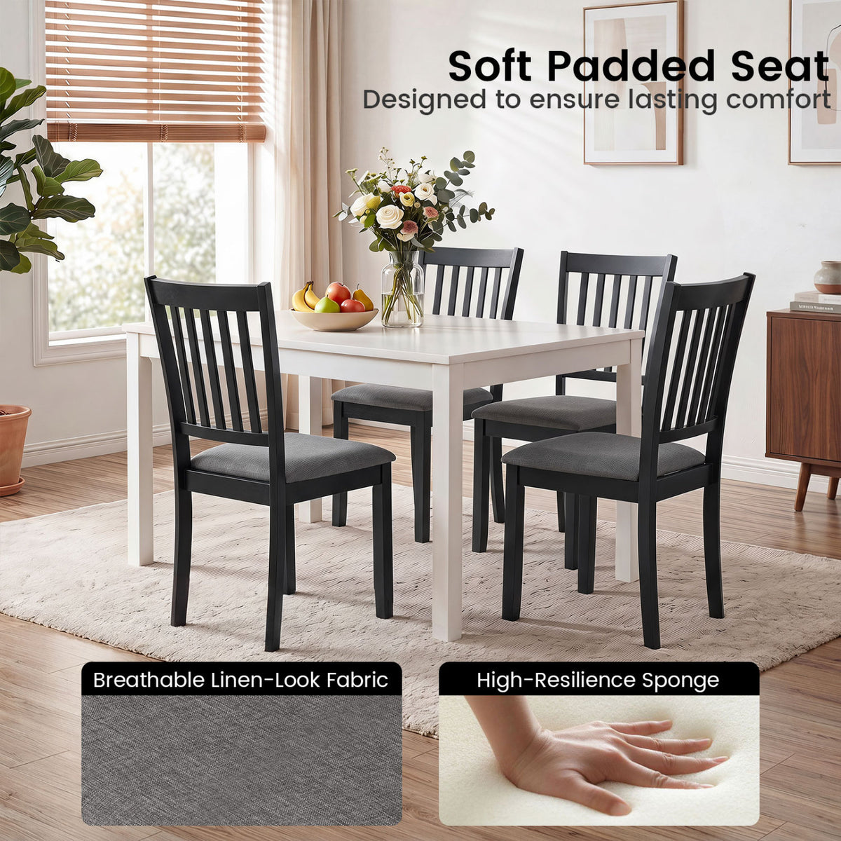 Set of 4 Wooden Upholstered Dining Chairs with Rubber Wood Frame