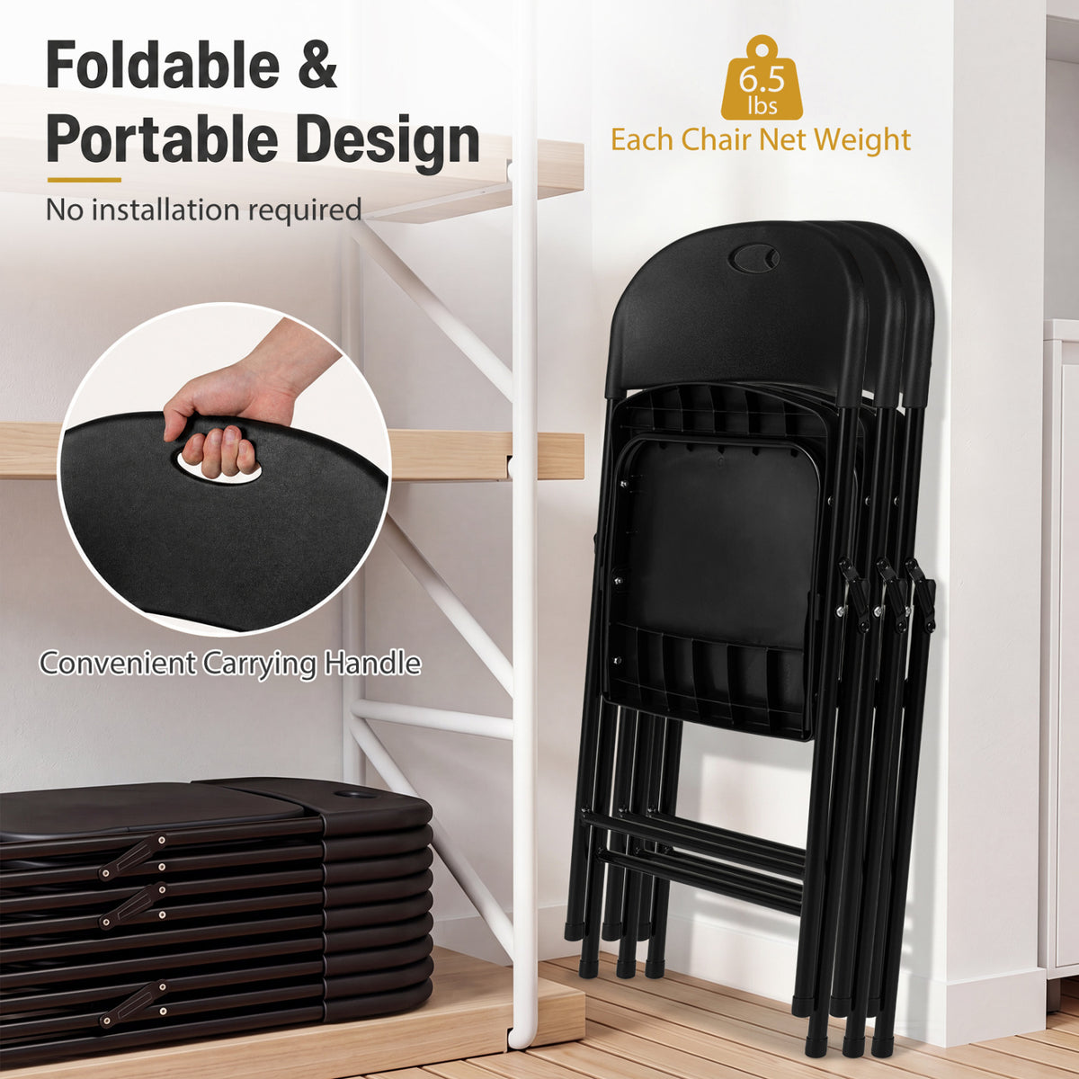 Set of 6 Foldable Plastic Chairs with Ergonomic Backrest