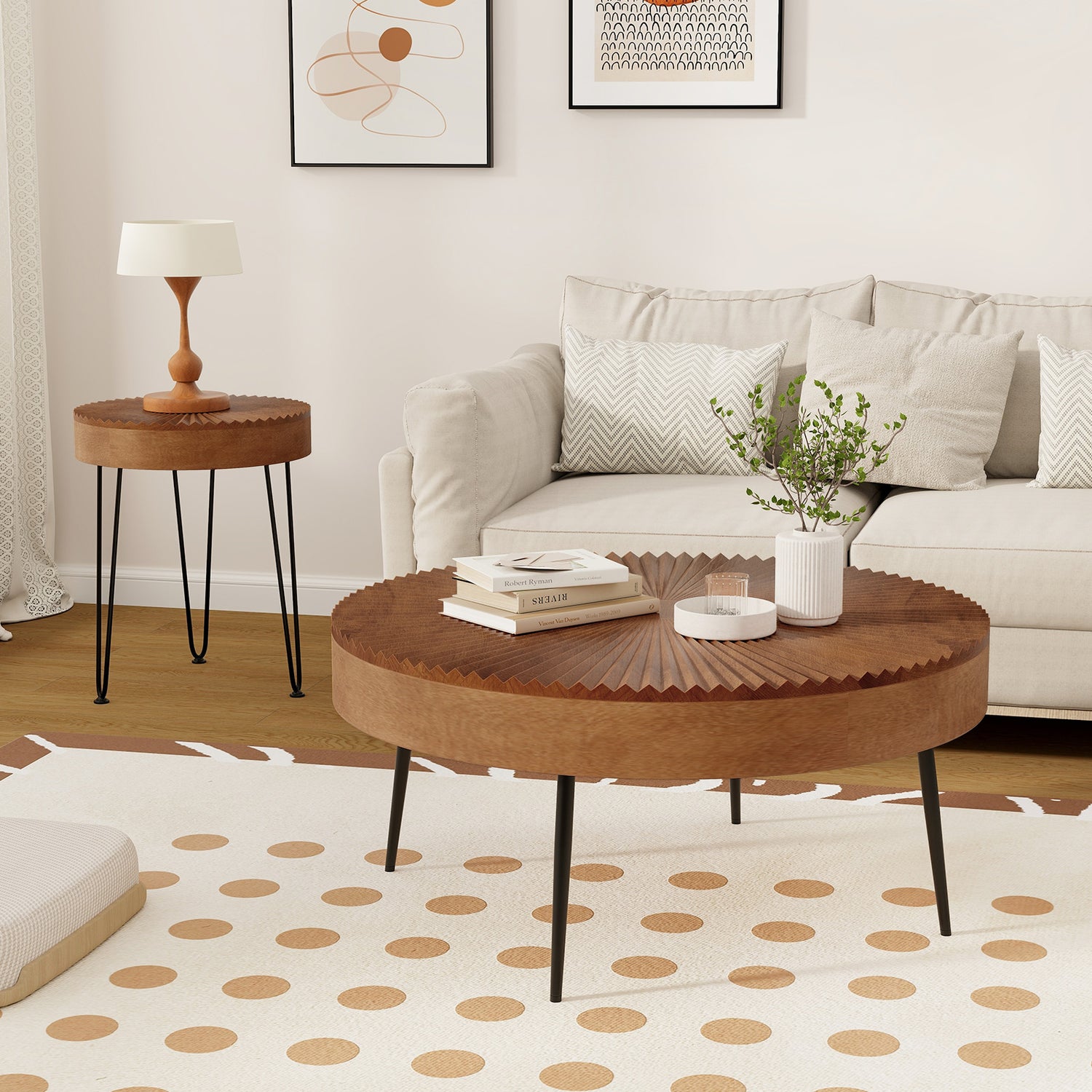 2 Set of Wooden Coffee Table with Metal Legs and Adjustable Foot Pads