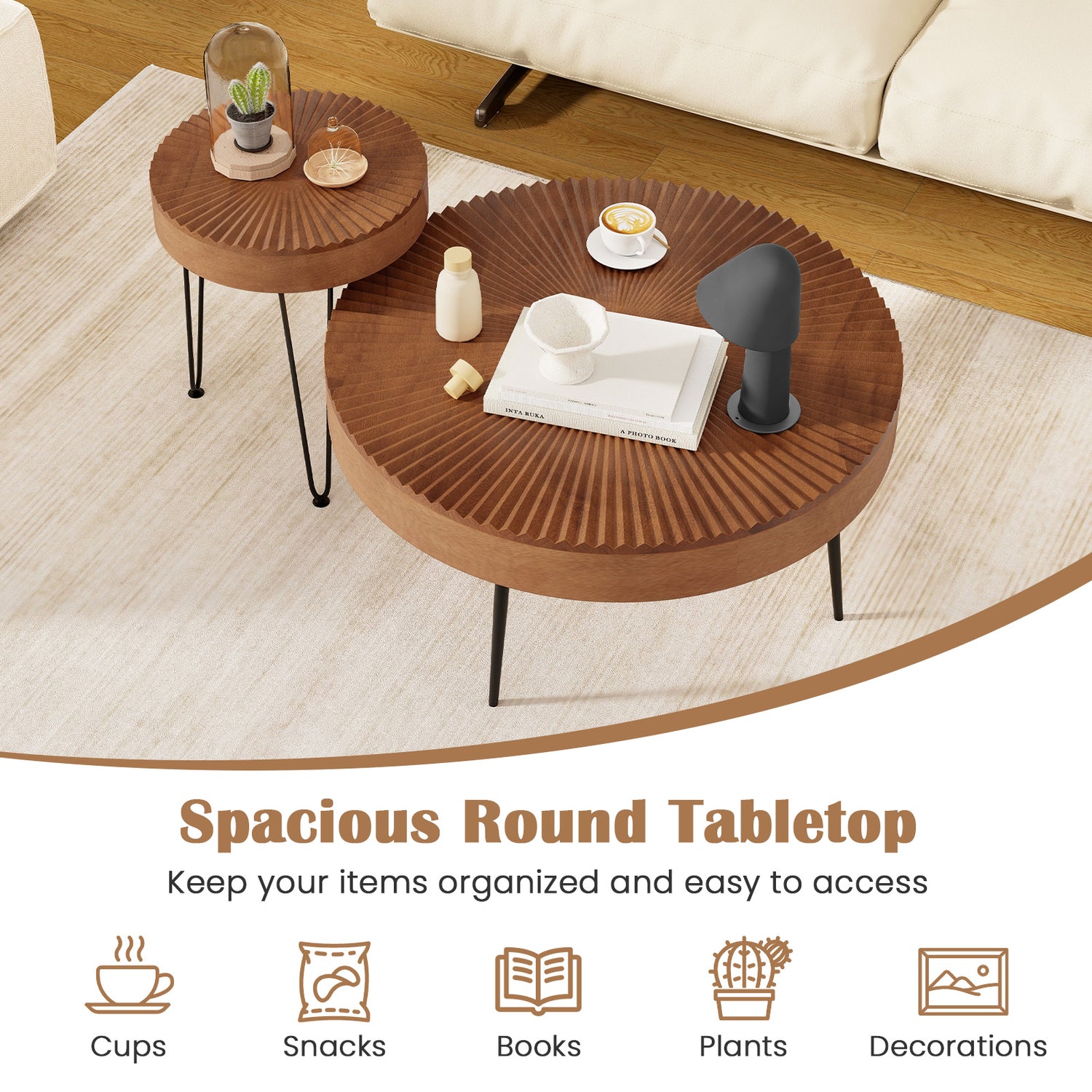 2 Set of Wooden Coffee Table with Metal Legs and Adjustable Foot Pads