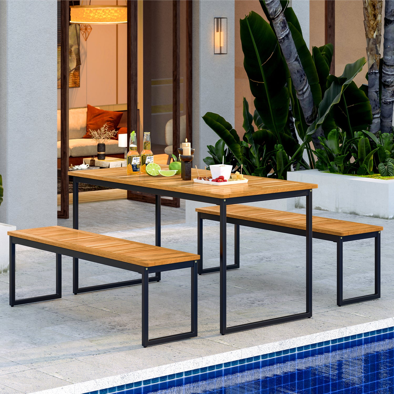 Set of 2 Patio Dining Bench for 2-3 Person Indoor Outdoor