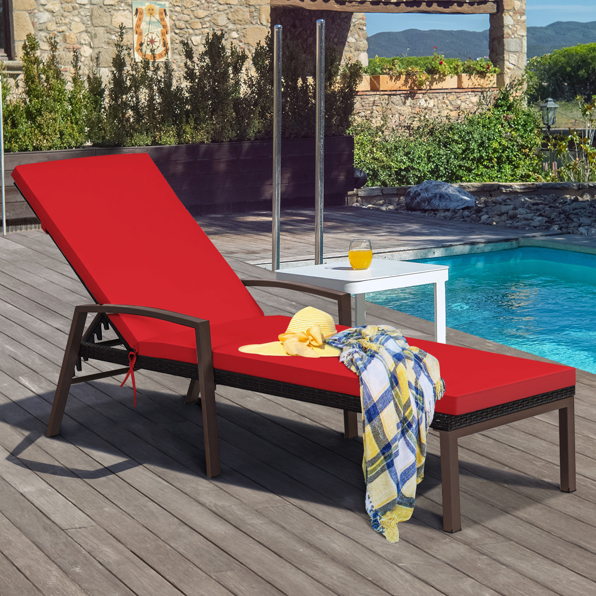 2 Pieces Patio Rattan Adjustable Back Lounge Chair with Armrest and Removable Cushions