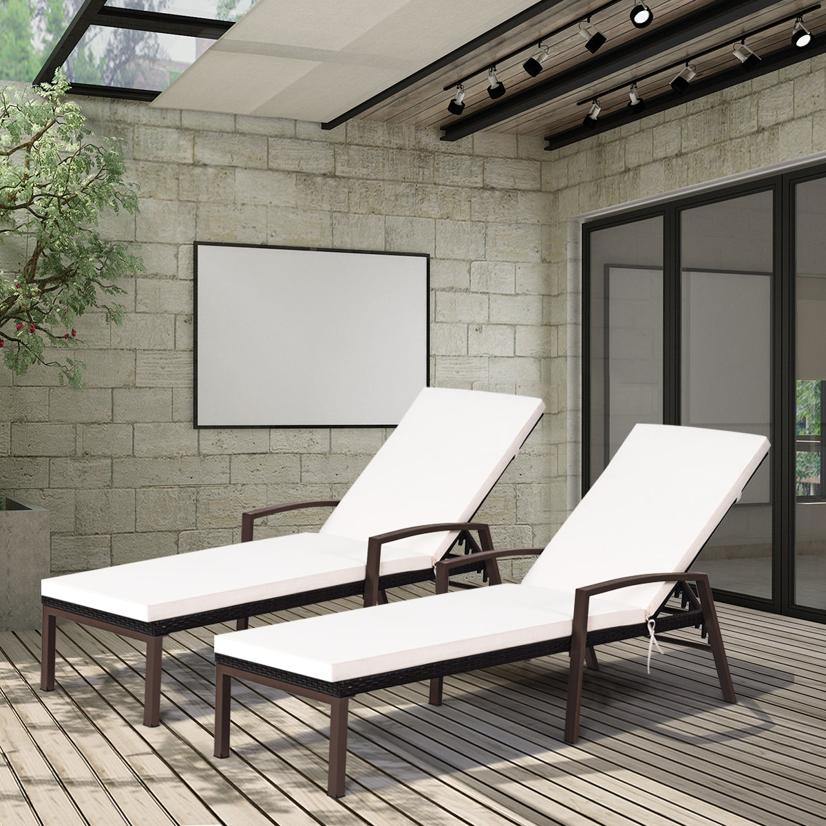 2 Pieces Patio Rattan Adjustable Back Lounge Chair with Armrest and Removable Cushions