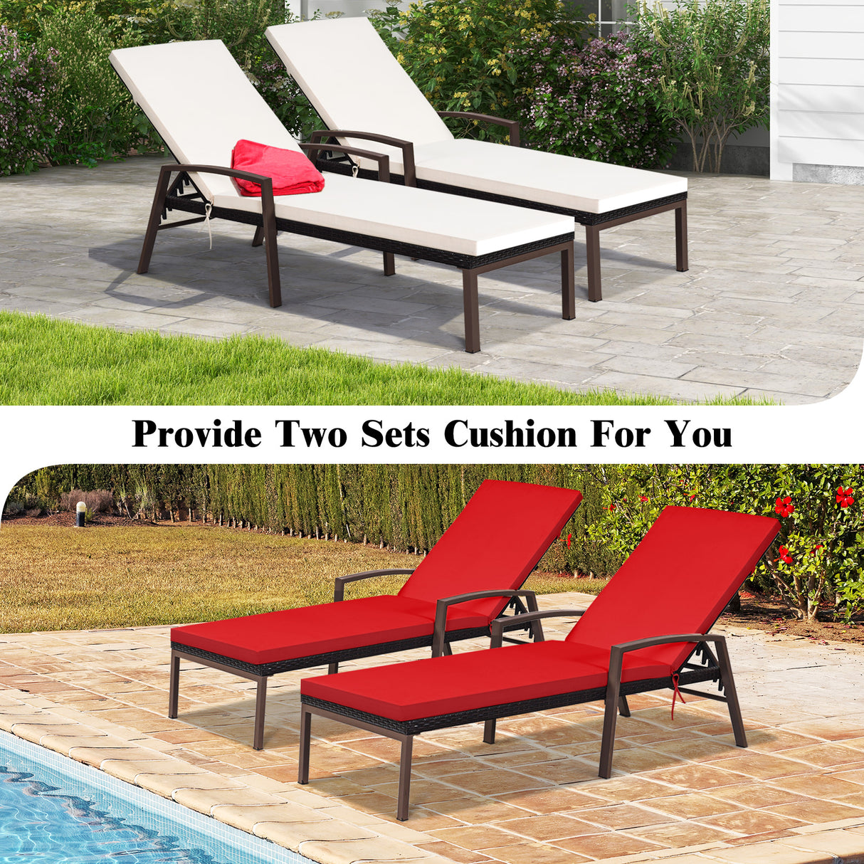 2 Pieces Patio Rattan Adjustable Back Lounge Chair with Armrest and Removable Cushions