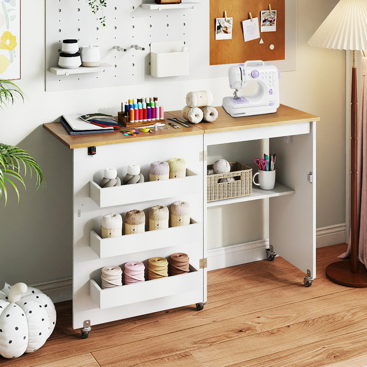 Sewing Machine Table with Charging Station and Lockable Casters