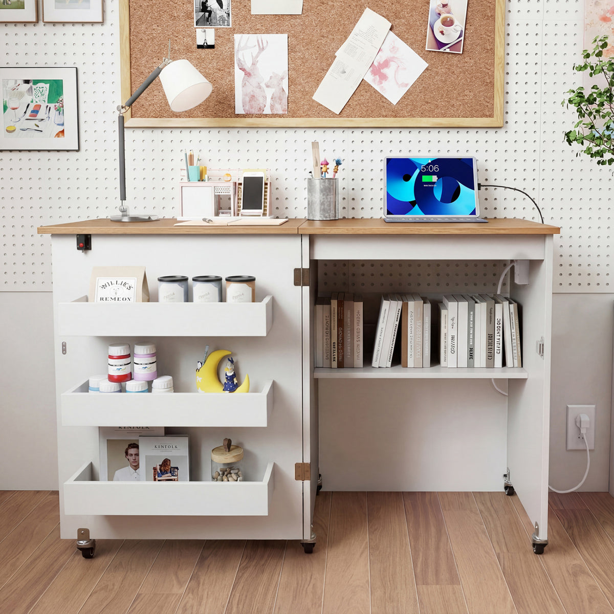 Sewing Machine Table with Charging Station and Lockable Casters